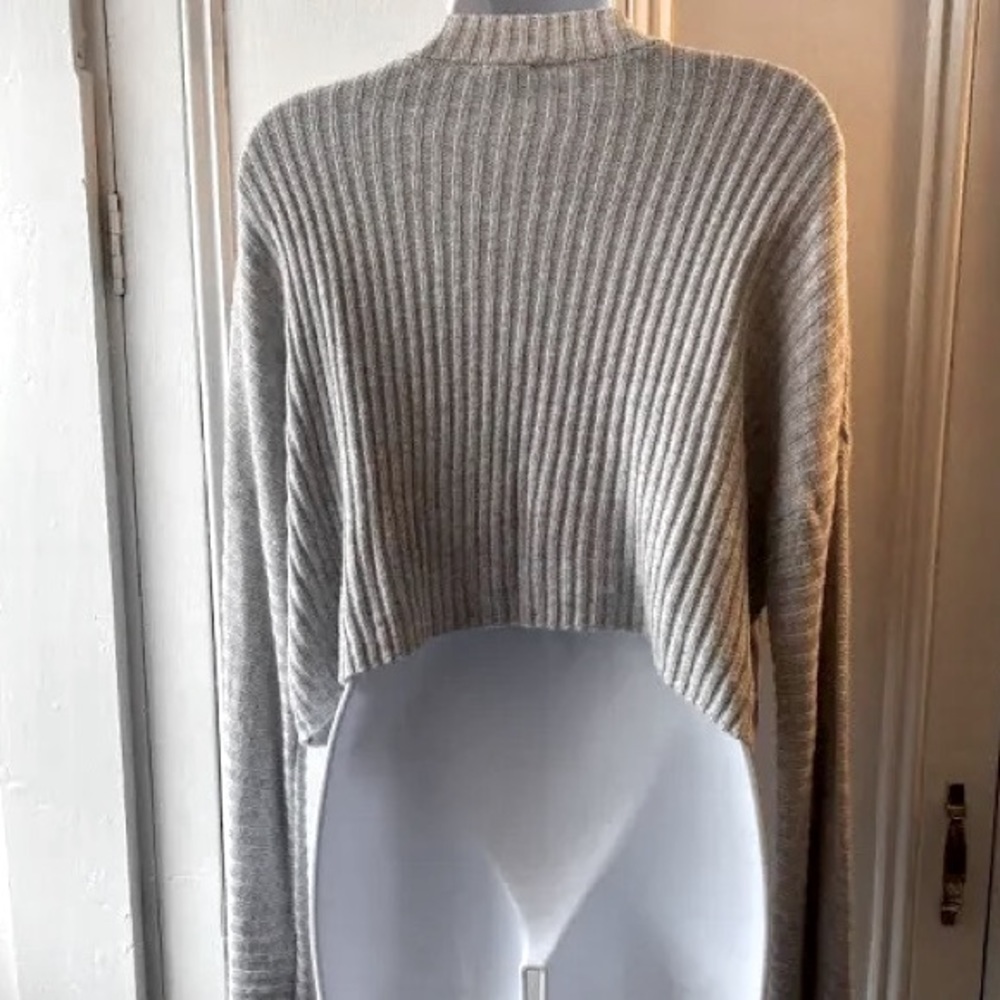 Garage Gray Ribbed Mock-Neck Long Sleeve Cropped Sweater